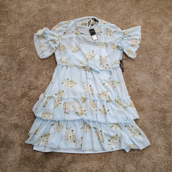 Maxsport Dresses & Skirts - Maxsport Floral Dress Womens XL Blue Ruffle Tiered Chiffon Flutter Coquette